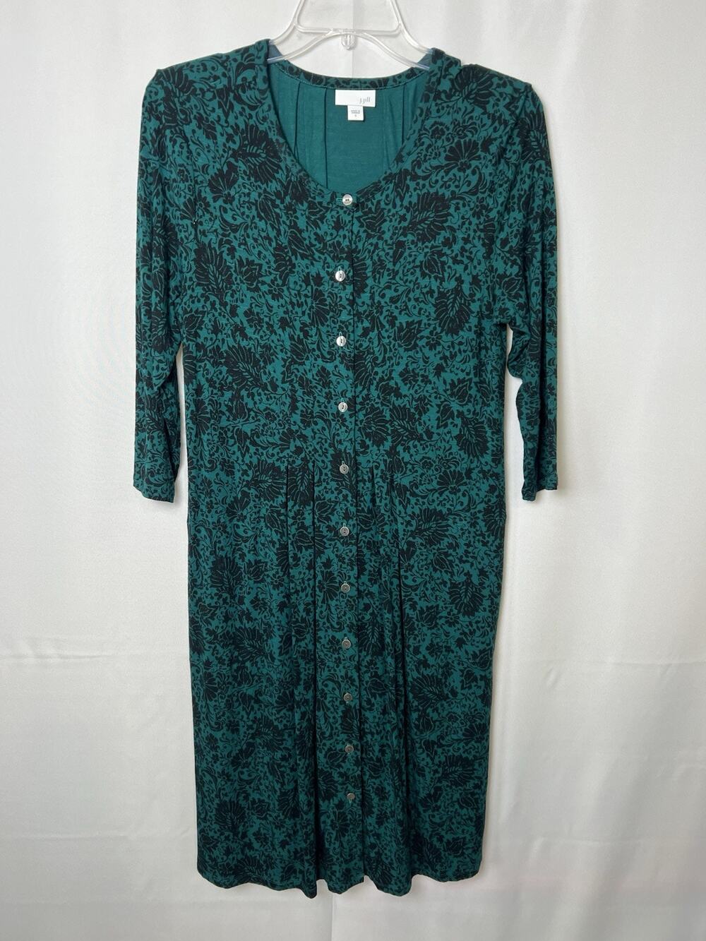 J. Jill Women’s S Green Black Floral Button Front Stretchy Midi Dress 3/4 Sleeve